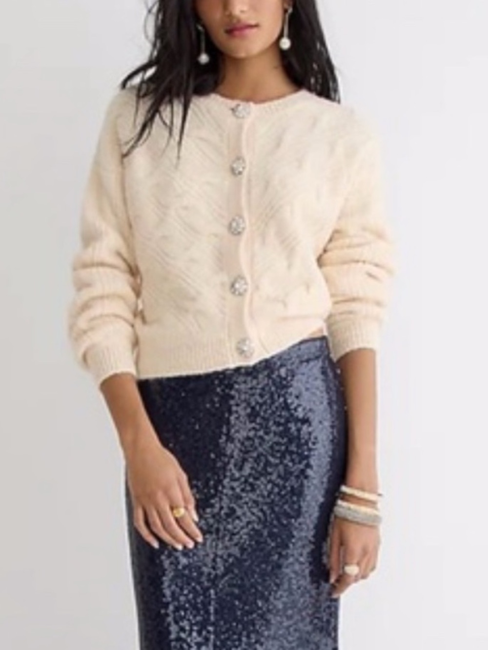 J. Crew Wool Alpaca Cable Knit Cardigan Sweater Jewel Buttons Cream Beige Medium